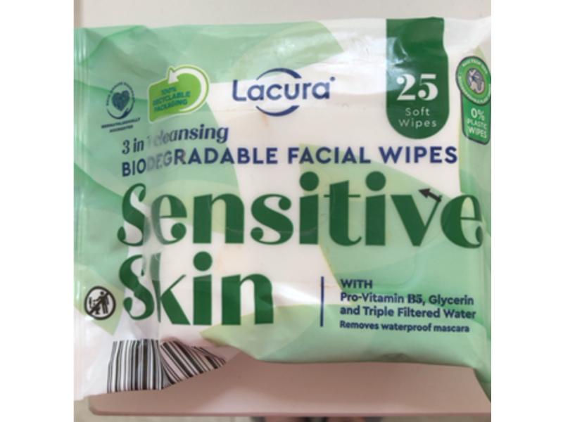 Lacura 3 In 1 Cleansing Biodegradable Facial Wipes, Sensitive Skin, 25 Count, Pack Of 2