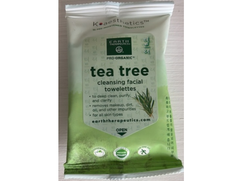 Earth Therapeutics Pro Organic Tea Tree Cleansing Facial Towelettes, 15 Count