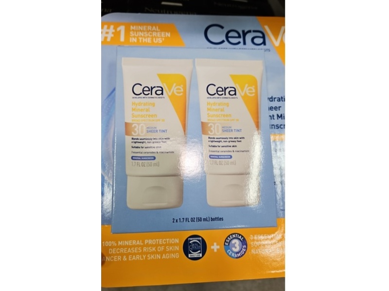 CeraVe Hydrating Sheer Tint Mineral Sunscreen, SPF 30, 1,7 fl oz/50 mL, Pack of 2