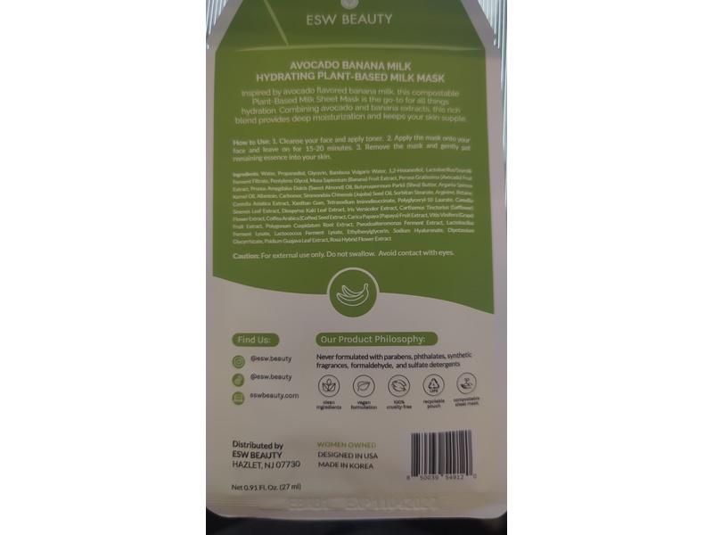 ESW Beauty Hydrating Plant-Based Milk Mask, Avocado Banana Milk, 0.91 fl oz/27 mL