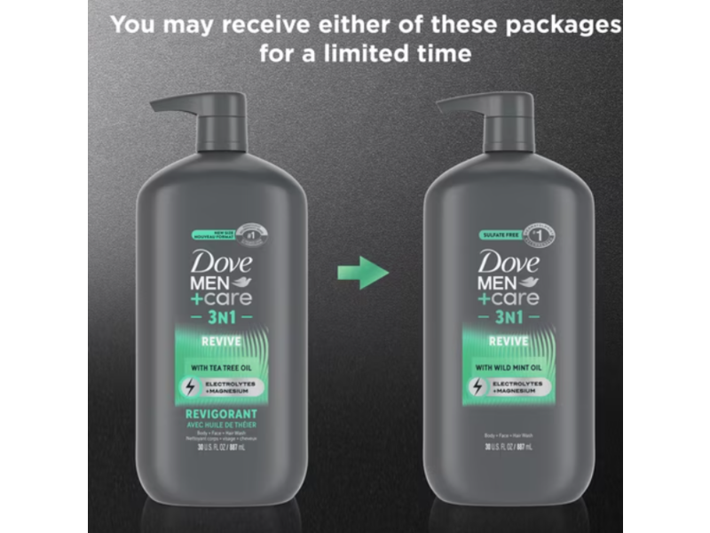 Dove Men + Care 3N1 Body + Face + Hair Wash, Wild Mint Oil, 30 fl oz/887 mL, Pack Of 3