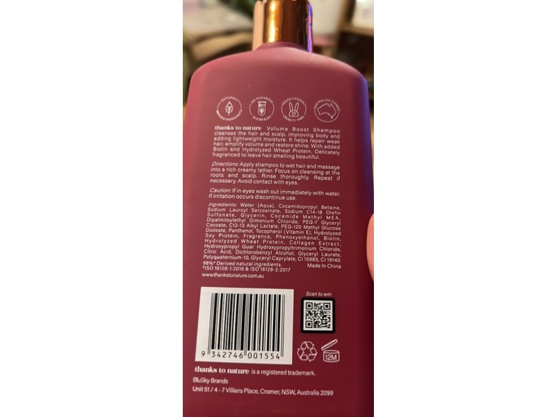 Thanks To Nature Volume Boost Shampoo, 16.9 fl oz/500 mL