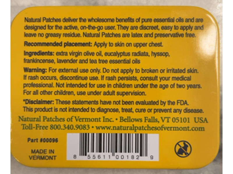 Natural Patches Of Vermont Allergy Comfort Formula Essential Oil Body Patches, Eucalyptus Radiata, 10 Count Tin