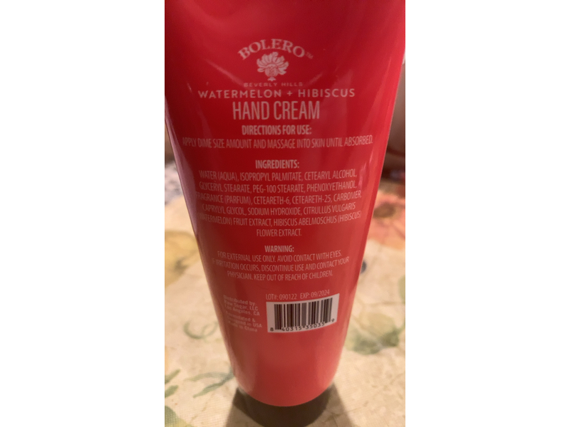 Bolero Hand Cream, Watermelon & Hibiscus, 4fl oz/118.29 mL