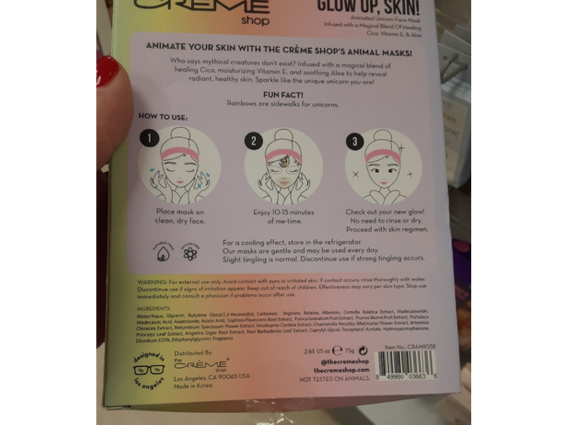 The Cream Shop Glow Up Skin Animated Unicorn Face Mask, Cica, Vitamin E & Aloe, 2.65 oz/75 g, Pack Of 3