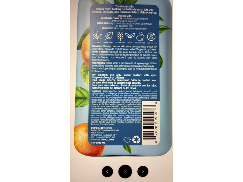 Hempz Triple Moisture Herbal Body Wash, Fresh Citrus, 17 fl oz/500 mL