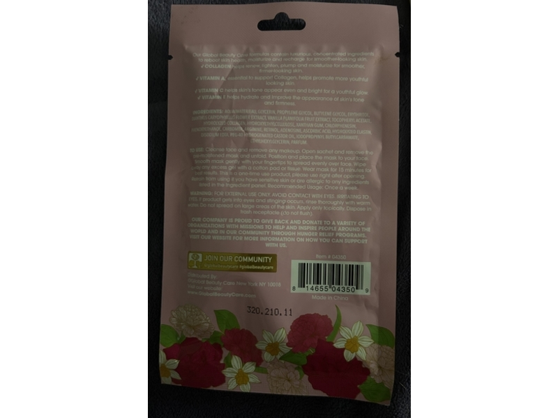 Global Beauty Care firming Sheet Mask, Carnation & Vanilla, 0.80 fl oz/25 mL, 1 Count