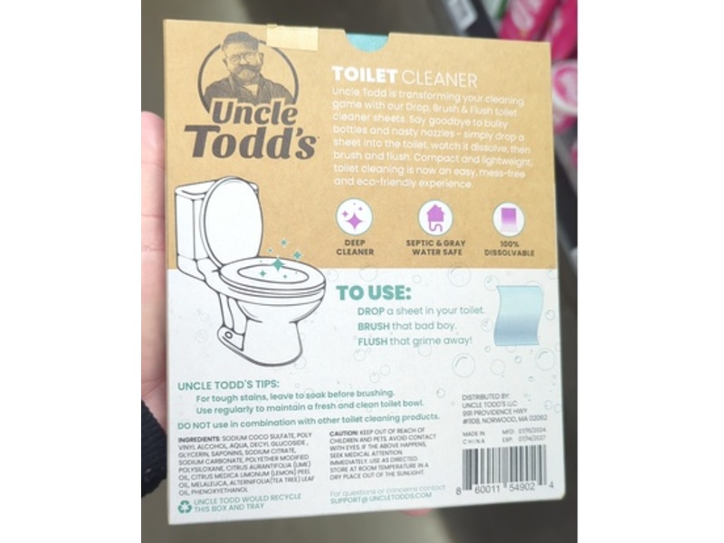 Uncle Todd's Toilet Cleaner Water Dissolvable Sheets, Sunny Lemon, 30 Count