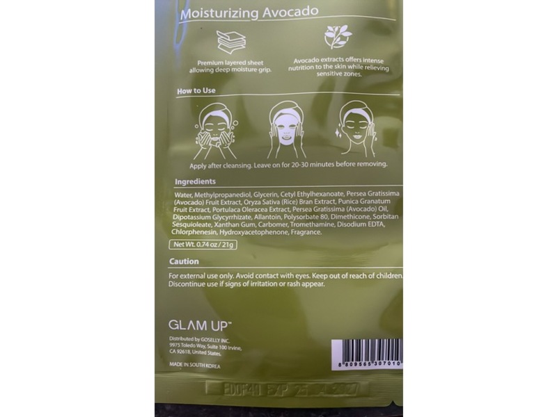 Glam Up Moisturizing Avocado Wrinkle Care Sheet Mask, 0.74 oz/21 g