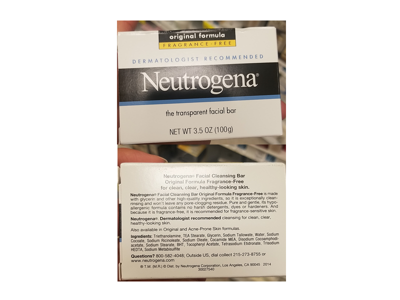 Neutrogena Original The Transparent Facial Bar, Fragrance Free, 3.5 oz/100 g