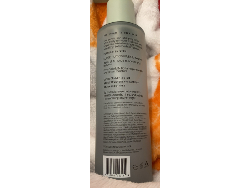 Versed The Purist Daily Gel Cleanser, 6 fl oz/177 mL