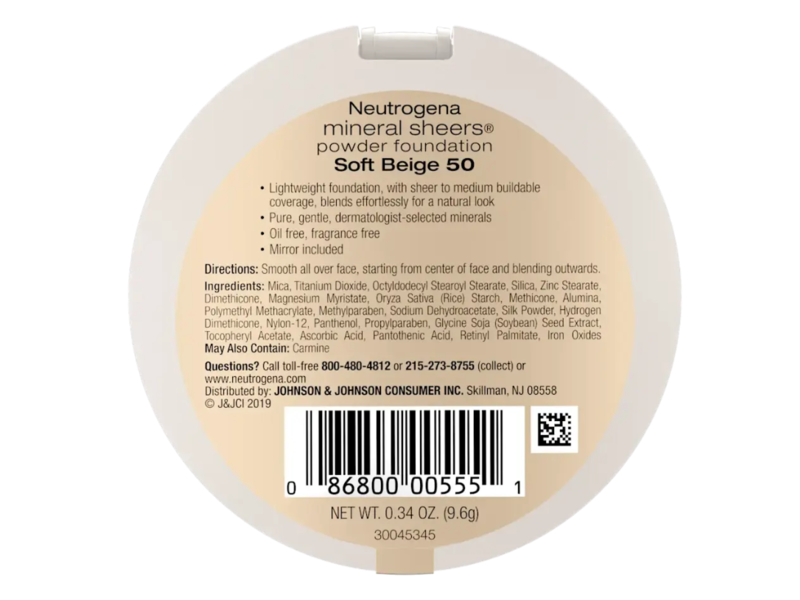 Neutrogena Mineral Sheers Powder Foundation, 50 Soft Beige, 0.34 oz/9.6 g