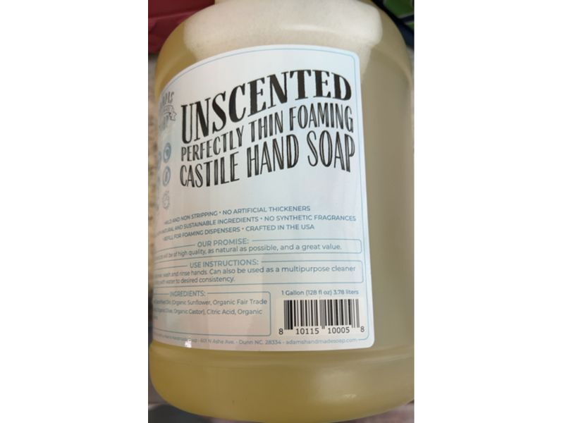 Adams Handmade Soap Perfect Thin Foaming Castile Liquid Hand Soap, 128 fl oz/3.78 L