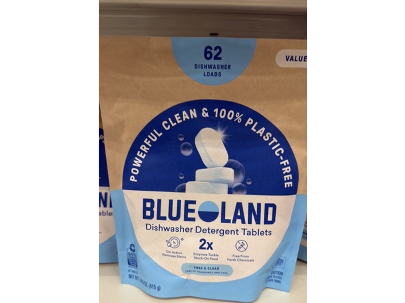 Blue Land Dishwasher Detergent Tablets, Free & Clear, 14.6 oz/415 g, 62 Loads