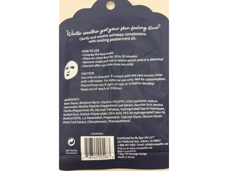 SpaLife Chill Out Calm Facial Mask, Peppermint, 0.81 oz/23 g