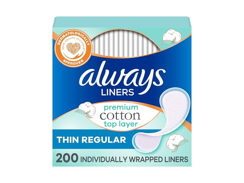 Always Liners Top Layer Daily Liners, Premium Cotton, 200 Count