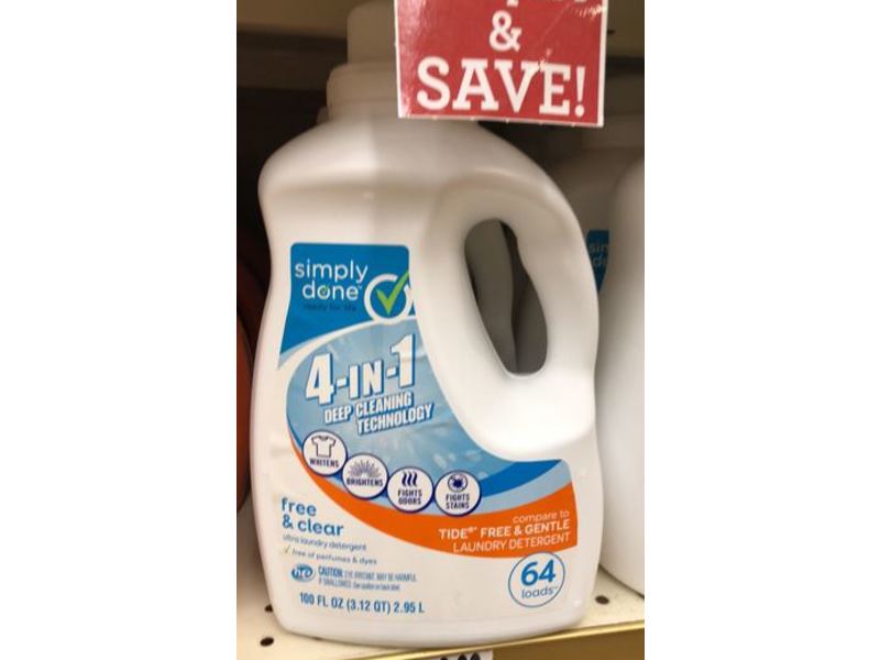 Simply Done 4-In-1 Deep Cleansing Laundry Detergent, Free & Clear, 64 loads, 100 fl oz/2.95 L