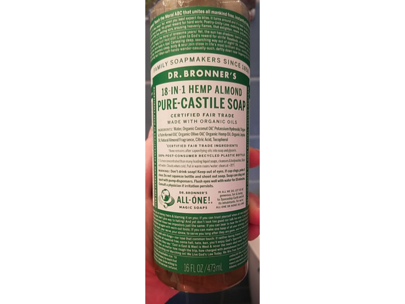 Dr. Bronner's 18-In-1 Pure-Castile Soap, Hemp Almond, 16 fl oz/473 mL