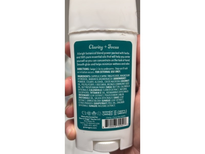 Green Goo Plants For Your Pits Natural Deodorant, Clarity + Focus, 2.25 oz/64 g
