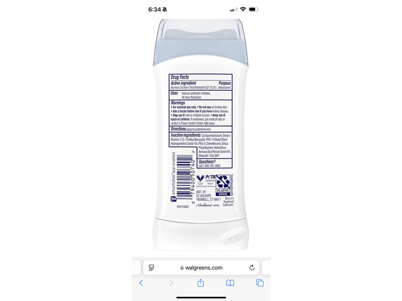 Dove Sensitive Antiperspirant Deodorant, 2.6 oz/74 g