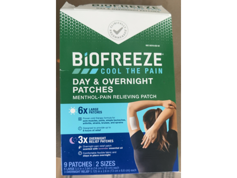 Biofreeze Cool The Pain Day & Overnight Pain Relieving Patches, Menthol, 9 Count
