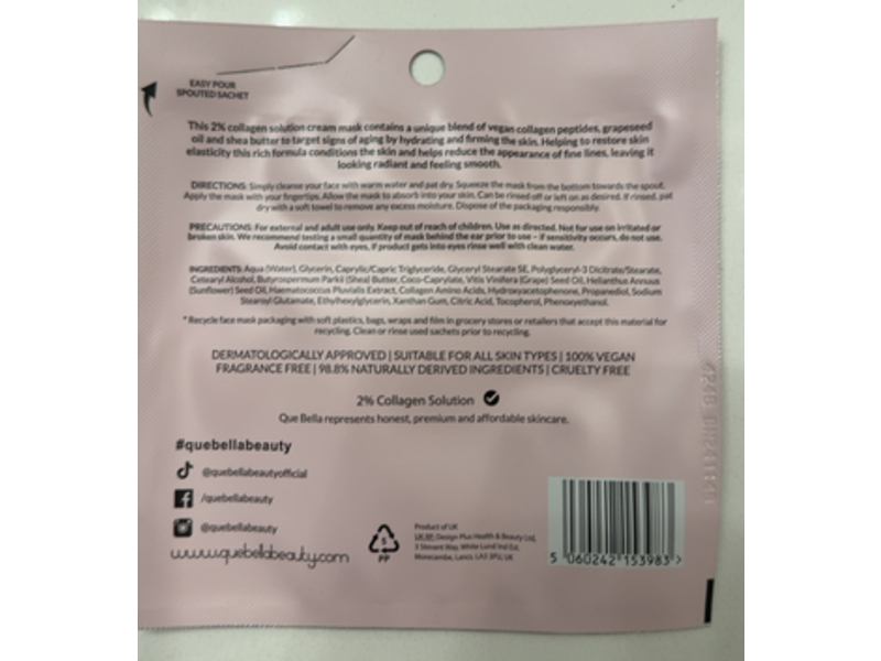 Que Bella Smooth & Firm Cream Mask, Collagen, 0.4 oz/12 g