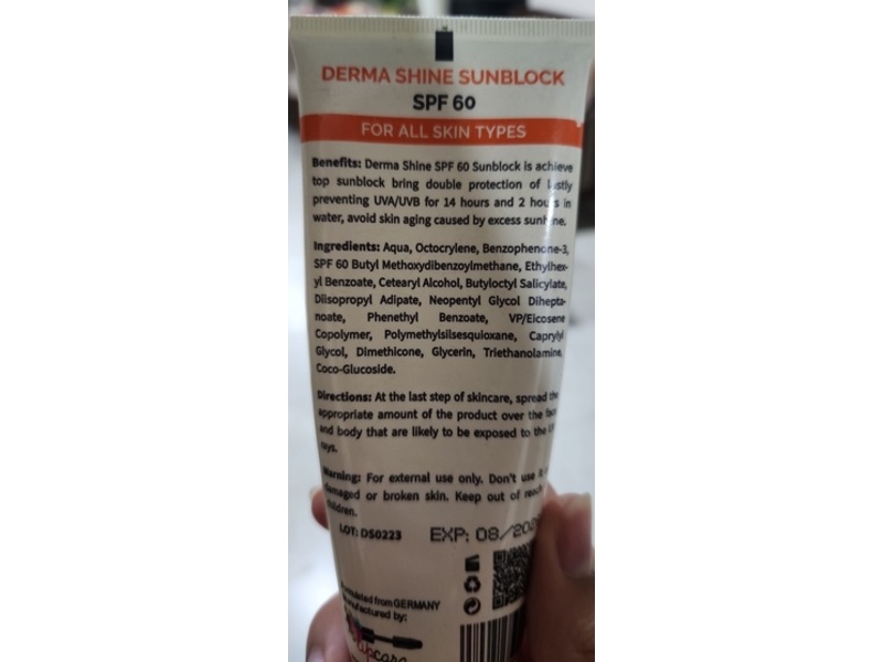 Derma Shines Sun Block Sunscreen, SPF 60, 3.38 fl oz/100 mL