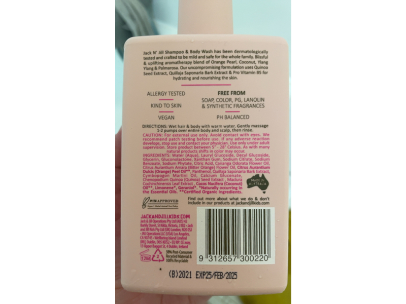 Jack N' Jill Uplifting & Botanical Blend Shampoo & Body Wash, Orange Pearl, Coconut & Ylang Ylang, 10.14 fl oz/300 mL