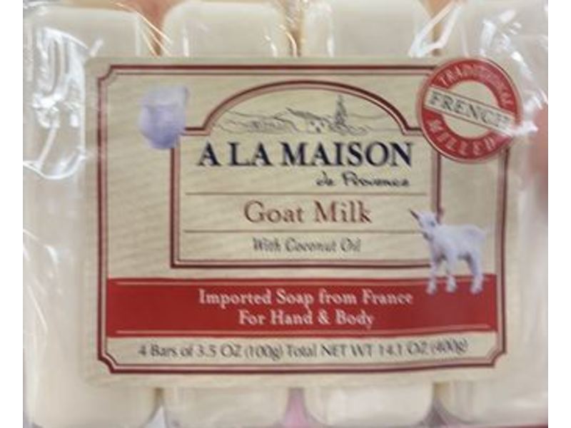 A La Maison Goat Milk Bar Soap, Coconut Oil, 3.5 oz/100 g, 4 Count