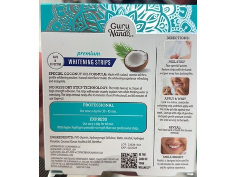 GuruNanda Premium Whitening Strips Kit, Coconut Oil, 18 Count