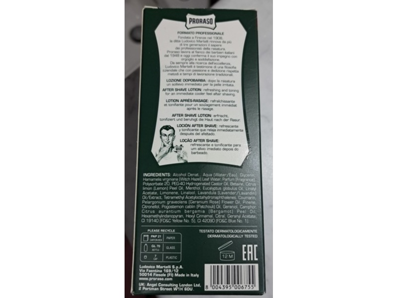 Proraso Refreshing Aftershave Lotion, Eucalyptus Oil And Menthol, 13.5 Fl Oz/400 ML