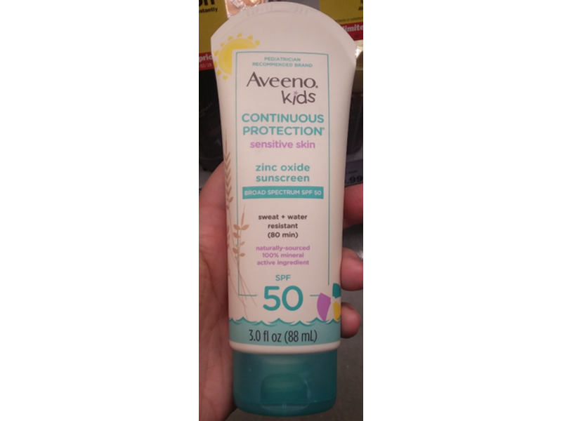 Aveeno Kids Continuous Protection Sensitive Skin Zinc Oxide Sunscreen, SPF 50, 3 fl oz/88 mL
