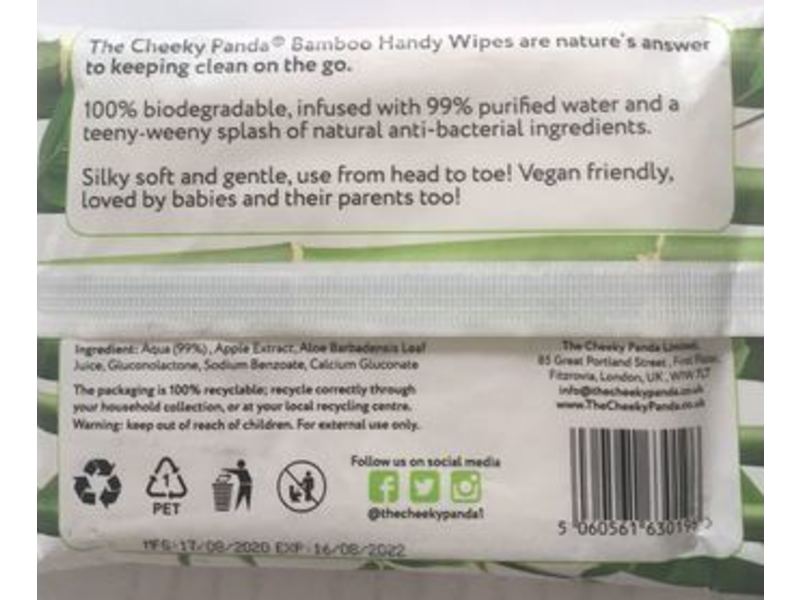The Cheeky Panda Bamboo Handy Wipes, Biodegradable, Fragrance Free, 12 Count