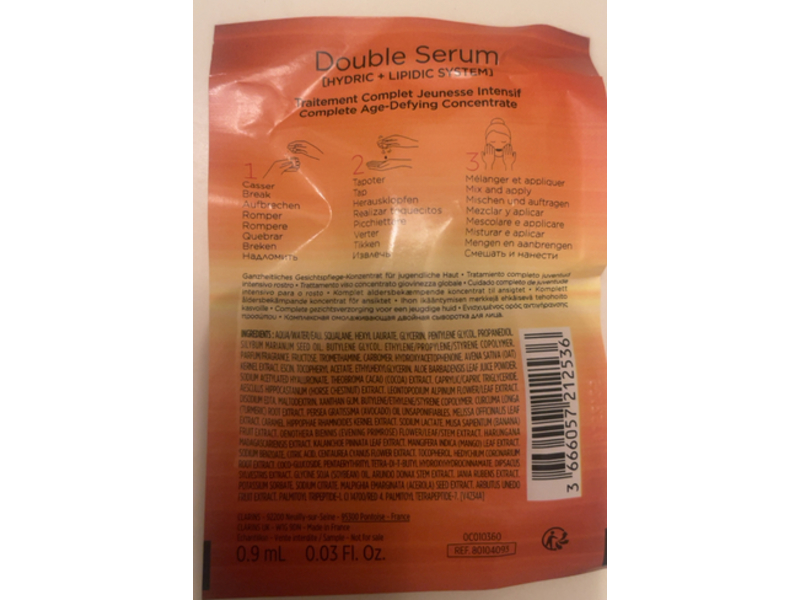 Clarins Complete Age Defying Concentrate Double Serum, Hydric + Lipidic System, 0.03 fl oz/0.9 mL