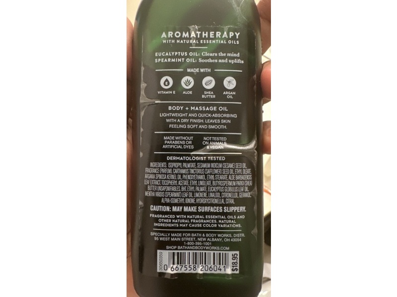 Bath & Body Works Body & Massage Oil, Eucalyptus Spearmint, 4 fl oz/118 mL