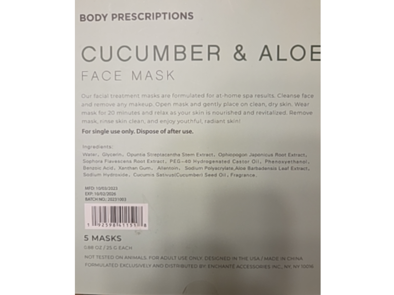 Body Prescription Face Mask, Cucumber & Aloe, 0.08 oz/25 g, 5 Masks