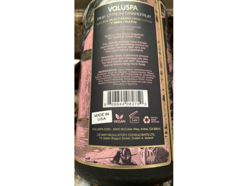 Voluspa Pink Citron Grapefruit Moisturizing Hand Lotion, 15.2 fl oz/450 mL