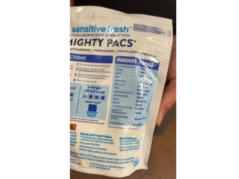 All Sensitive Fresh Mighty Detergent Pacs, Spring Breeze, 19 Pacs, 12.5 oz/357 g