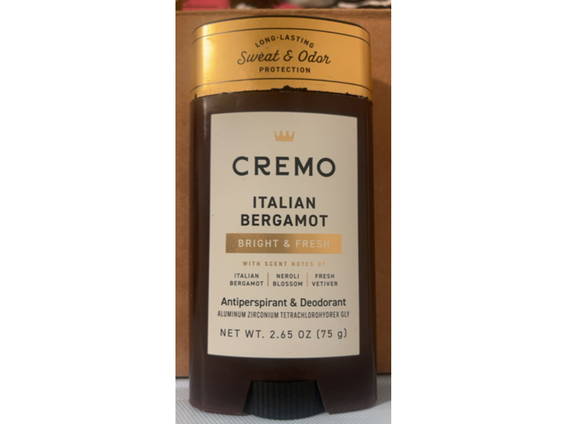 Cremo Italian Bergamot Antiperspirant & Deodorant, Italian Bergamot + Neroli Blossom & Fresh Vetiver, 2.65 oz/75 g
