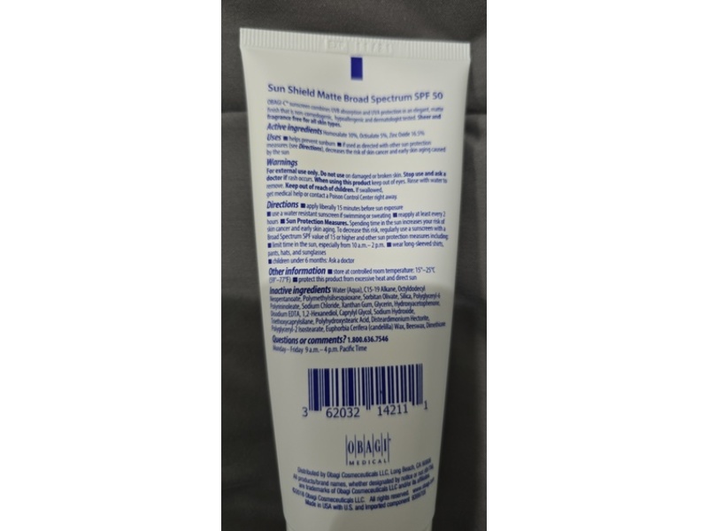 Obagi Medical Matte Sun Shield Sunscreen Lotion, SPF 50, 3 oz/85 g