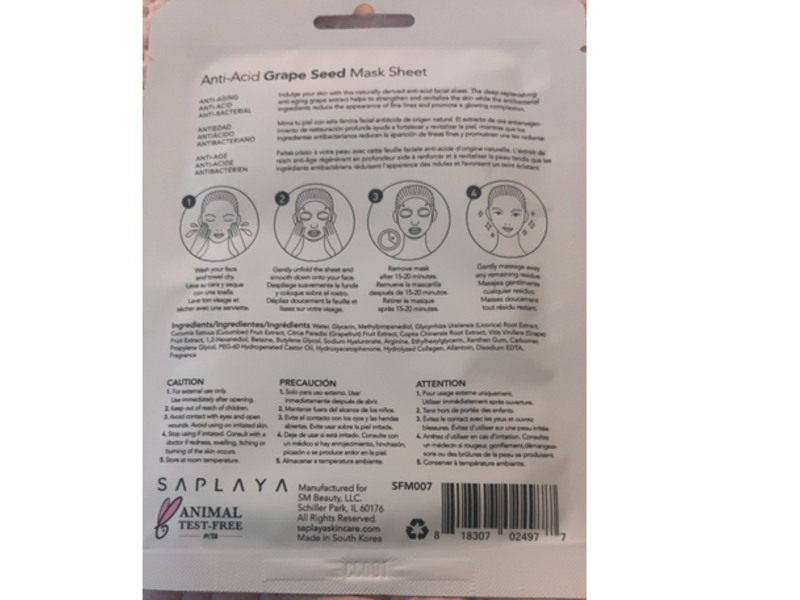 Saplaya Ant-Acid Face Sheet Mask, Grape Seed, 0.8 fl oz/25 mL