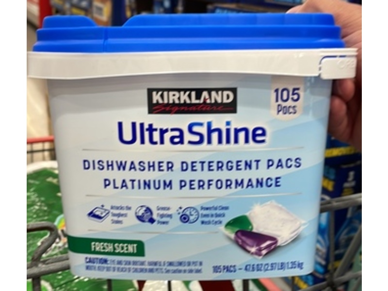 Kirkland Signature UltraShine Dishwasher Detergent Pacs, Fresh, 47.6 oz/1.35 Kg, 105 Count