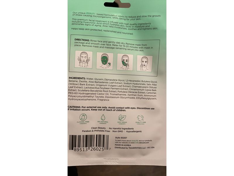 Fortify Skincare Zeolite Fortufy+ Hydrating + Moisturizing Facial Sheet Mask, 0.74 oz/21 g, 1 Count