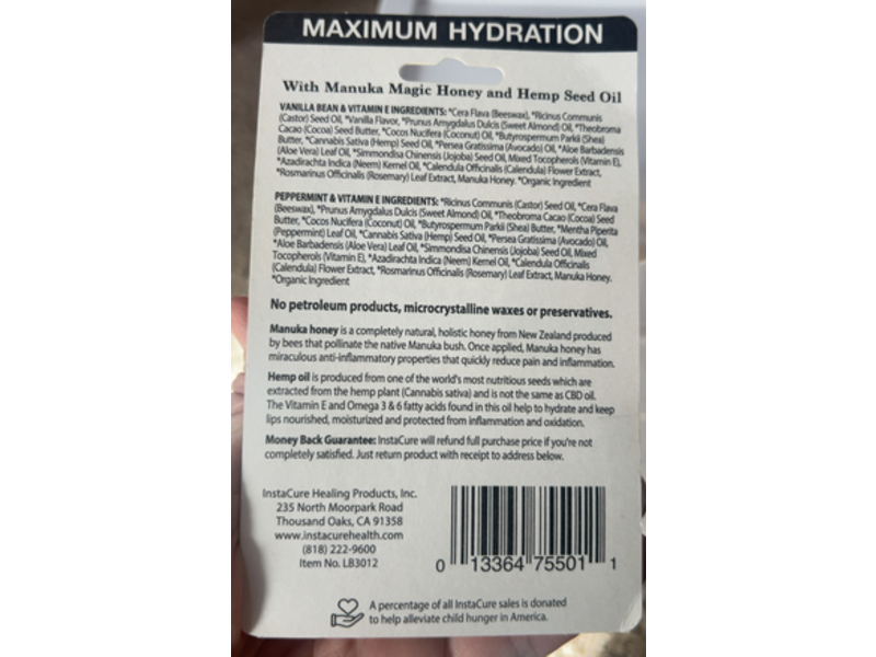 Instacure Ultra - Moisturizing Lip Balm, Vanilla Bean, Peppermint & Vitamin E, 0.30 oz/8.50 g, Pack Of 2