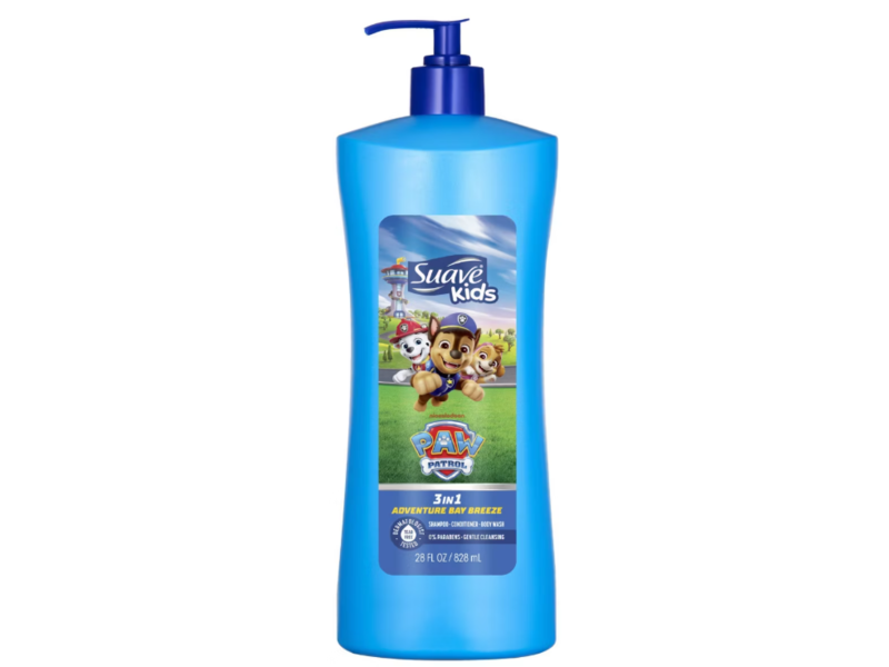 Suave Kids Paw Patrol 3 In 1 Adventure Bay Breeze Shampoo + Conditioner + Body Wash, 28 fl oz/828 mL, Pack Of 4