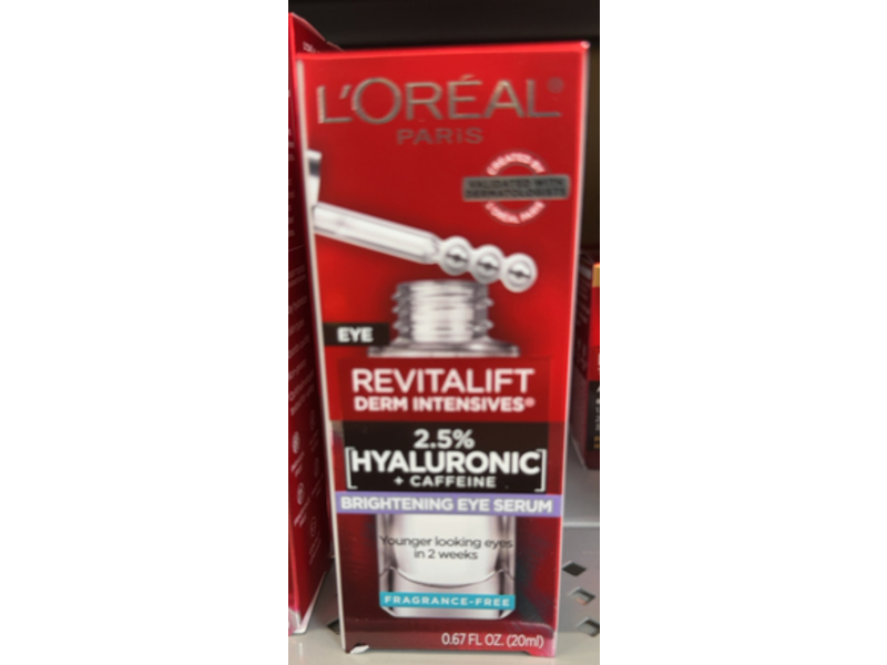 L'Oreal Paris Revitalift Derm Intensives Brightening Eye Serum, Hyaluronic + Caffeine, 0.67 fl oz/20 mL