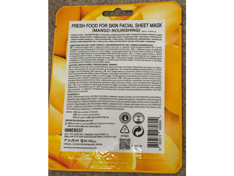 Farmskin Fresh Food Nourishing Facial Sheet Mask, Mango, 0.84 fl oz/25 mL