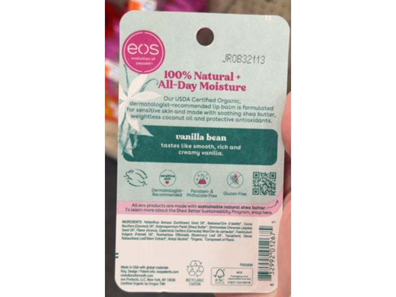 Eos Natural Organic Lip Balm, Vanilla Bean, 0.14 oz/4 g, Pack Of 2