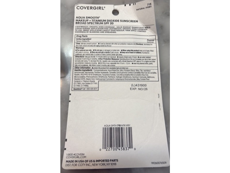 Covergirl Aqua Smooth Sunscreen Foundation, SPF 20, 715 Natural Ivory, 0.4 oz.12 g