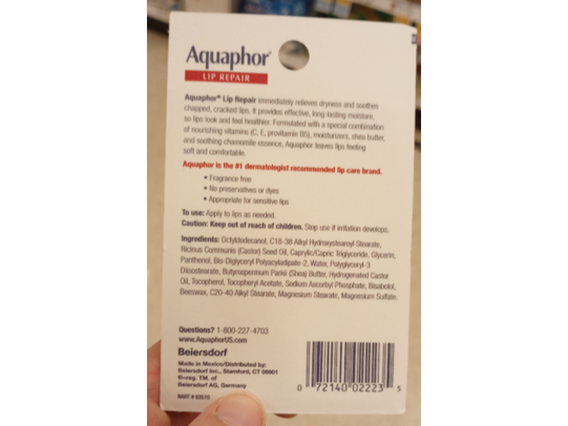Aquaphor Lip Repair Immediate Relief For Severely Dry Lips, 0.35 fl oz/10 mL